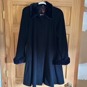 Vintage Black Trench Coat with Faux Fur Accents